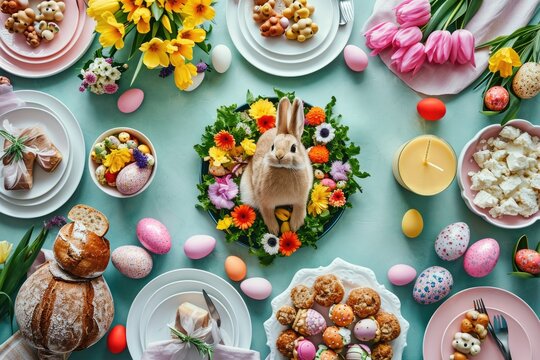 Easter party concept. Top view Sweet easter party background Spring holiday concept