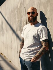 A young man in a classic oversized white blank T-shirt, blue jeans and sunglasses stands on a city street. Style and fashion clothing mock up template.