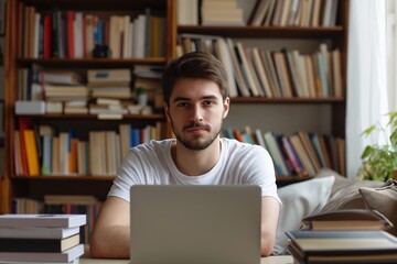 young man sits in light beautiful room with laptop and books