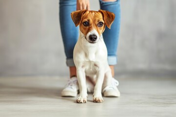 cute dog on a plain background wants to walk with young woman