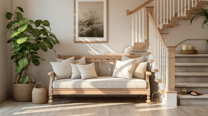 French Cottage Charm: Loveseat Sofa in Farmhouse Entryway with Staircase