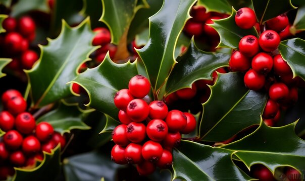 Holly leaves and red berries with dew drops close-up - Powered by Adobe