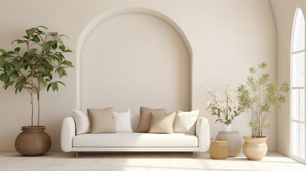 Fototapeta premium Clean Lines and Greenery: Minimalist Home Interior with White Sofa and Potted Plants
