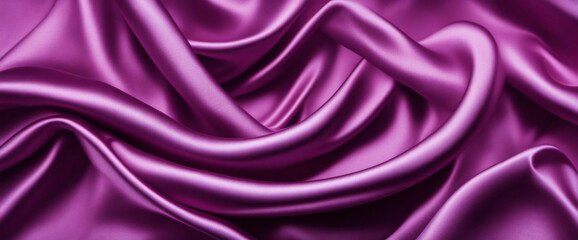 Purple silk satin. Soft wavy folds on shiny fabric. Luxury background with copy space for design. Wide banner. Top view. Christmas, Valentine's Day, Birthday, Mother's Day, Valentine.