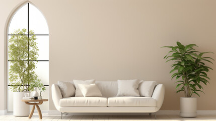 Fototapeta na wymiar Modern Serenity: White Sofa and Houseplants in a Minimalist Living Space