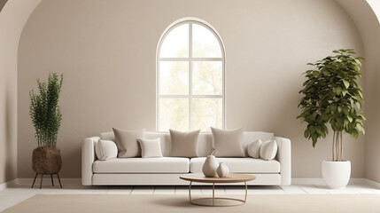 Simplicity in White: Minimalist Living Room with Sofa and Arched Window