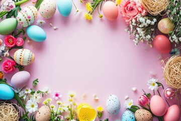 Fototapeta na wymiar Easter party concept. Top view Sweet easter party background Spring holiday concept