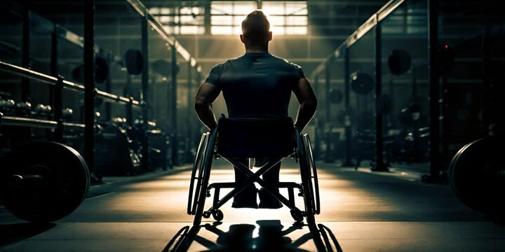 A man in a wheelchair in the gym, facing away, symbolizes determination and strength of spirit. The concept of adaptive fitness and motivation.