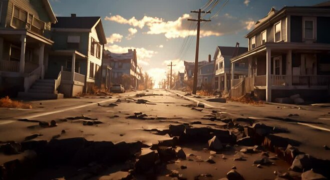 A street with damaged asphalt and houses illuminated by sunset light. The concept of urban infrastructure decay and climate change.