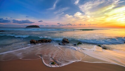 Beautiful beach on sunrise below the waves lapping © ROKA Creative
