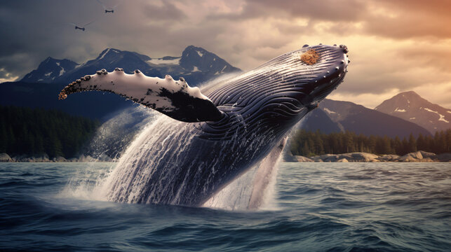 Jumping Humpback Whale Over the Water Photo Wallpaper