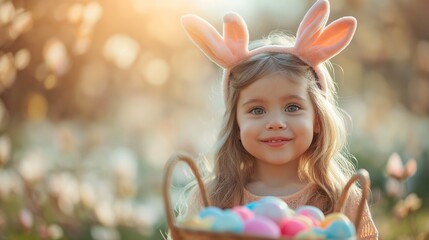 Cute little child wearing bunny ears on Easter day. Girl holding basket with painted eggs.