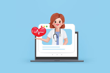 3D woman Cardiologist shows red heart symbol. Medical application concept.Medical presentation clip art isolated on blue background.