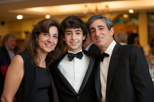 Happy teenage boy wearing suit takes photo with parents at bar mitzvah party