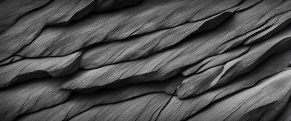     Black white rock texture. Rough mountain surface. Close-up. Dark gray stone background with space for design. Web banner. Wide. Panoramic.      