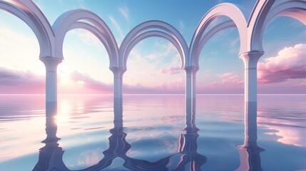 Abstract summer landscape scene with geometric form. ocean beach view. 3d rendering. - obrazy, fototapety, plakaty