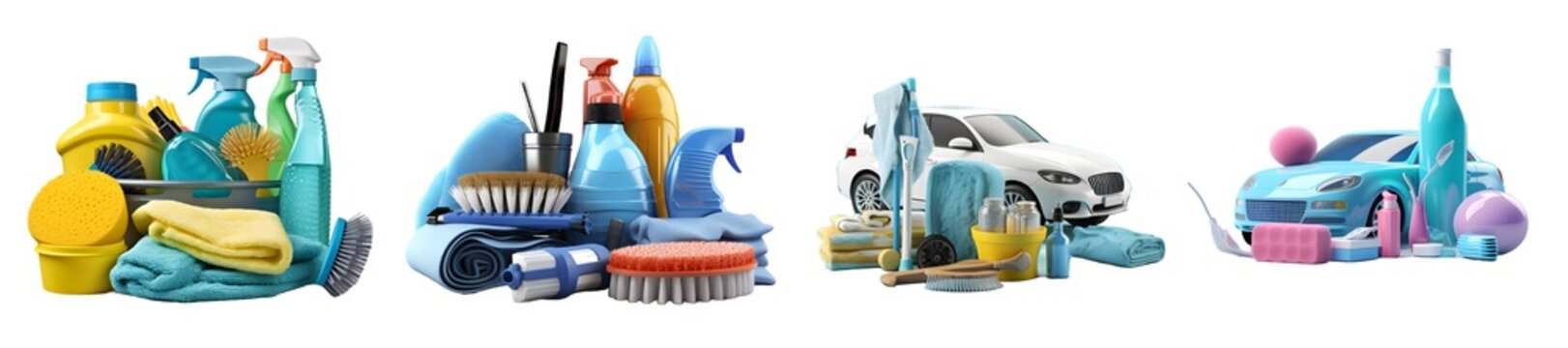 car cleaning supplies isolated on a transparent PNG background, white background, Generative Ai