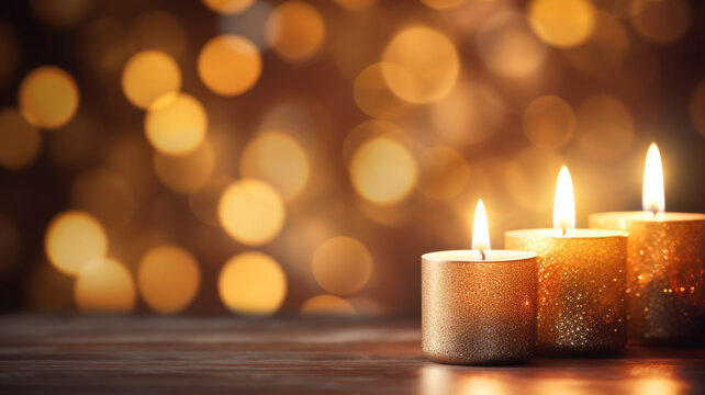 burning candle lights on abstract blurred bokeh light background