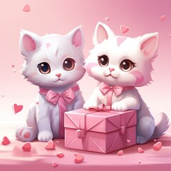 happy day card two funny cats with valentine's gift, two kittens standing next to each other on a heart background with happy valentine's day text