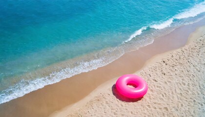Fototapeta na wymiar A beach with a pink swimming circle, white sand and blue water.