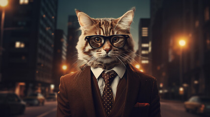 Cute cat wearing a suit and glasses with city