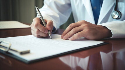Doctors handwriting a medical report in hospital