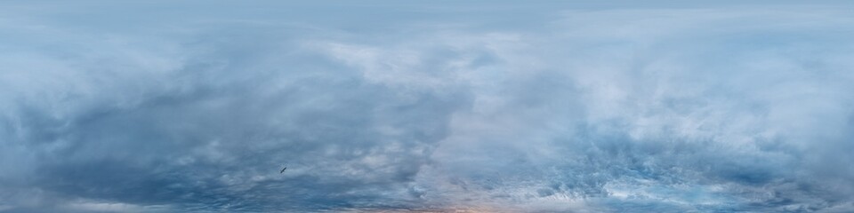 Dramatic overcast sky panorama with dark gloomy Cumulonimbus clouds. HDR 360 seamless spherical panorama. Sky dome in 3D, sky replacement for aerial drone panoramas. Climate and weather change.