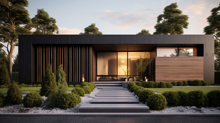 Fototapeta na wymiar Modern Marvel: Cubic House with Black Panel Walls and Exquisite Landscaping