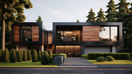 Modern Marvel: Cubic House with Black Panel Walls and Exquisite Landscaping