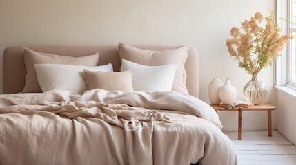Fototapeta na wymiar Serenity in Neutrals: Pastel Beige and Grey Bedding in a Minimalist Setting
