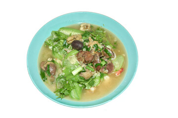 Special Asian dish chicken intestines with zucchini, isolated background