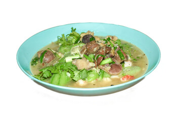 Special Asian dish chicken intestines with zucchini, isolated background