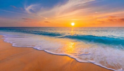 Landscape of sunset over the ocean, waves of blue water on a sandy clean beach. - Powered by Adobe
