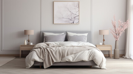 Serenity in Neutrals: Pastel Beige and Grey Bedding in a Minimalist Setting