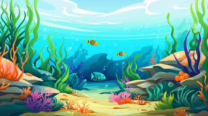 Obraz na płótnie Canvas Beautiful cartoon funny green fish coral