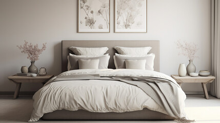 French Country Comfort: Modern Bedroom with Soft Beige and Grey Bedding