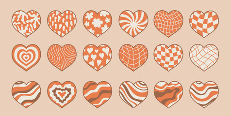 Retro Groovy Hearts big set. Vintage collection of wavy heart shape with outline. Grid, gingham, checkered texture. Vector illustration