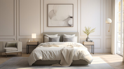 French Country Comfort: Modern Bedroom with Soft Beige and Grey Bedding