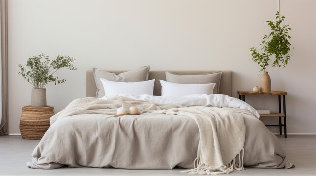 French Country Comfort: Modern Bedroom with Soft Beige and Grey Bedding