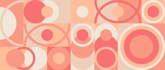 Pink geometric background with circles and squares, Peach Fuzz color background 2024 year. Scandinavian pattern in the style of the 70s and 60s, retro texture in peach and salmon shades.