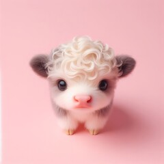 Сute fluffy curly baby cow toy on a pastel pink background. Minimal adorable animals concept. Wide screen wallpaper. Web banner with copy space for design.