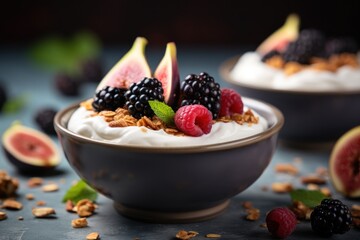 Bowl of Greek yogurt topped with granola, figs, berries, and copy space. Generative Ai.