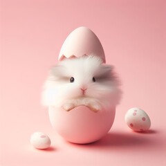 Cute fluffy white Easter bunny toy hiding in an egg on a pastel pink background. Minimal Easter holiday concept. Wide screen wallpaper. Web banner with copy space for design. - obrazy, fototapety, plakaty