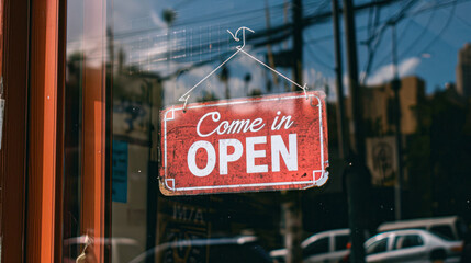 A business sign that says ‘Come in We’re Open’ on cafe/restaurant window.