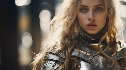 A blonde girl in medieval armor - obrazy, fototapety, plakaty