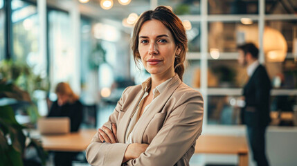 confident business leader looking at camera and standing in an office at team meeting. Portrait of confident businesswoman with colleagues in boardroom.