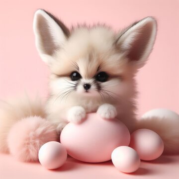 Сute fluffy white baby fennec fox toy on a pastel pink background. Minimal adorable animals concept. Wide screen wallpaper. Web banner with copy space for design.