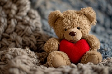 Teddy bear sitting on a plush surface, gently cradling a heart in its paws
