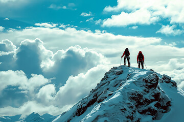 Two climbers climb to the top of a snowy mountain