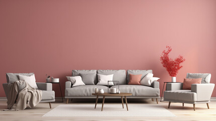 Japandi Harmony: Stylish Grey Sofa and Armchairs Against Pink-Crimson Wall